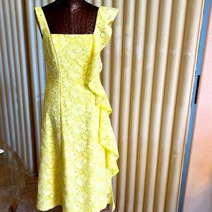 Kay under Yellow Floral Lace Midi Dress